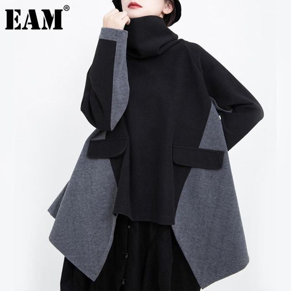 

eam] loose contrast color irregular sweatshirt new round neck long sleeve women big size fashion autumn winter 2020 1dd03501, Black