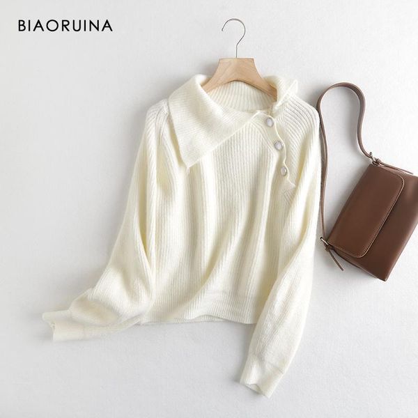 

biaoruina women's solid color pearl decoration loose sweet knitted pullover turn-down collar female elegant sweater streetwear1, White;black