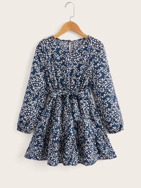 

girls ditsy floral print keyhole back belted dress she, Red;yellow