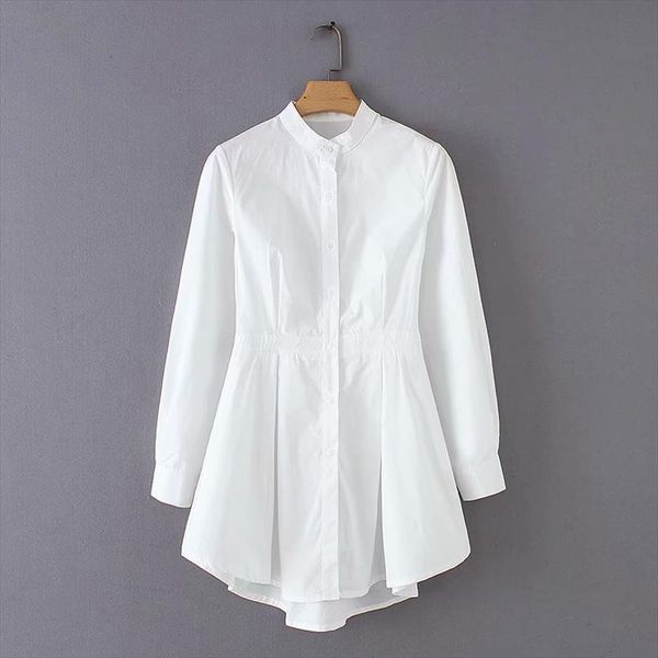 

ewq] 2020 spring women elegant stand collar hem irregular pleats white blouse korea casual shirt office lady business feminina