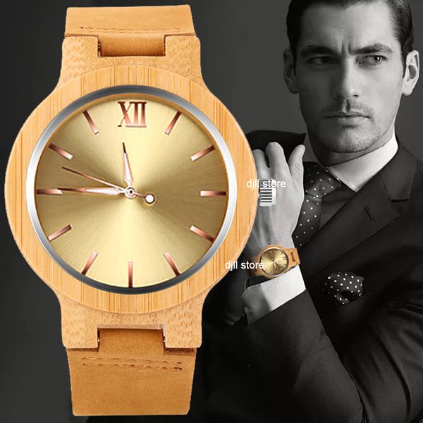 

natural bamboo wood watch for men mens quartz wooden case wristwatch male gold dial wrist watches brown leather simple fashion clock relojs, Slivery;brown