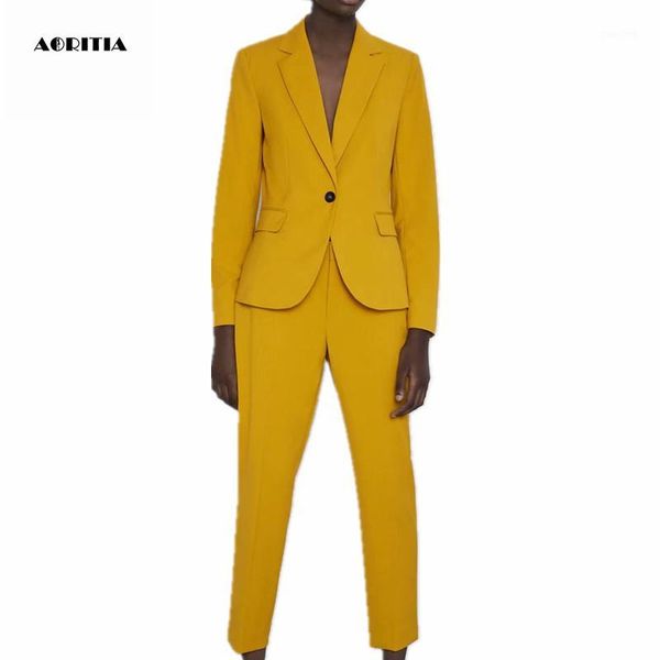 

2020 women autumn orange blazer two piece set women coat set long-sleeve trousers sets conjuntos1, White