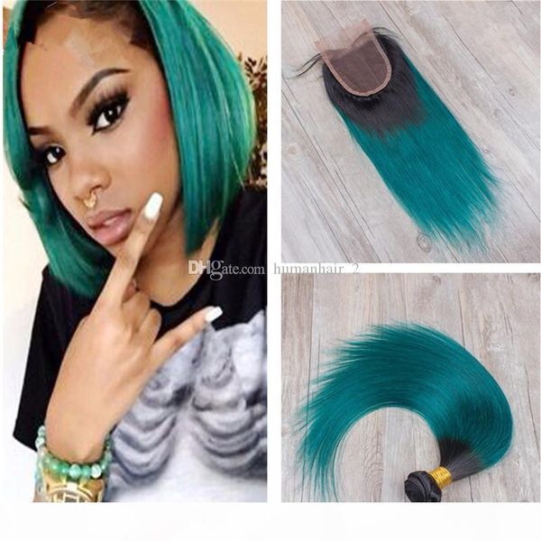 

ombre human hair bundles closure t1b green peruvian straight virgin hair weaves with lace closure two tone dark root green 4pcs lot, Black;brown