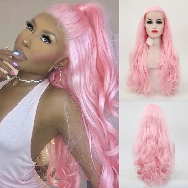 Parrucca anteriore in pizzo sintetico Capelli lunghi ondulati Parrucca rosa Attaccatura dei capelli naturale Fibra ad alta temperatura Parrucche Cosplay per donna