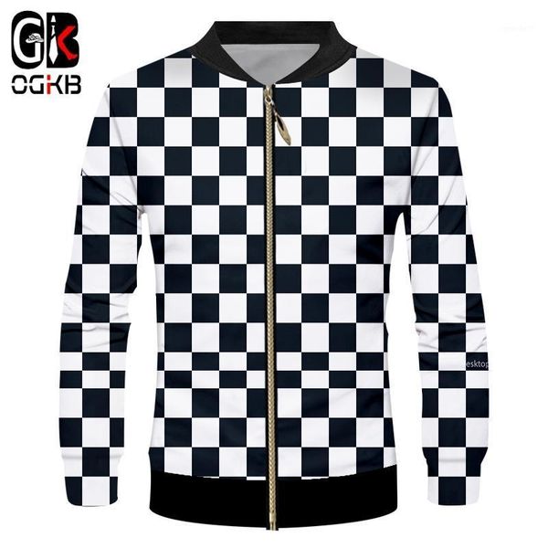 

men's jackets ogkb casual jacket long sleeve stand collar zipper printed black white grid 3d coats man fit slim fitness overcoat1, Black;brown