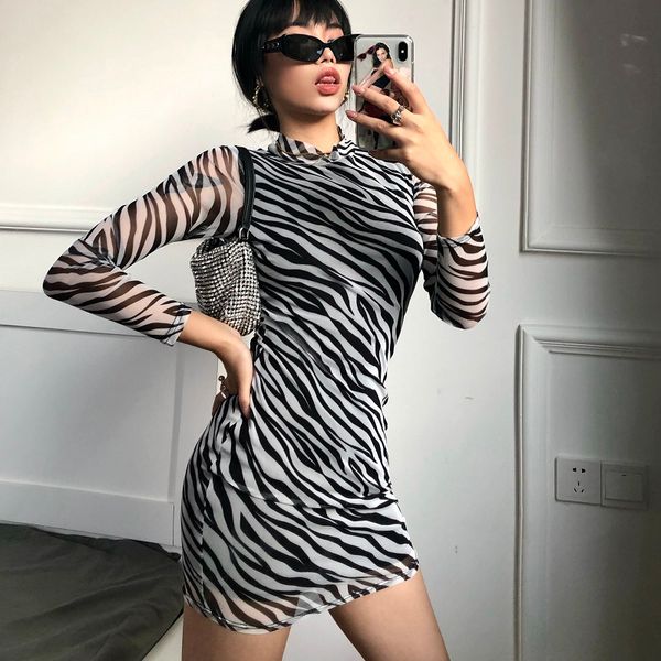 

casual dress zebra print mesh patchwork long sleeve bodycon 2020 mini dress autumn winter women fashion streetwear outfits, Black;gray