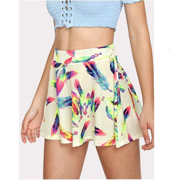 

women's fashion feather print shorts, White;black