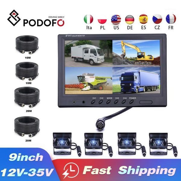 

podofo 9" car monitors vehicle rearview parking backup camera 4ch quad split screen 4pin reverse kit for bus truck caravan van1