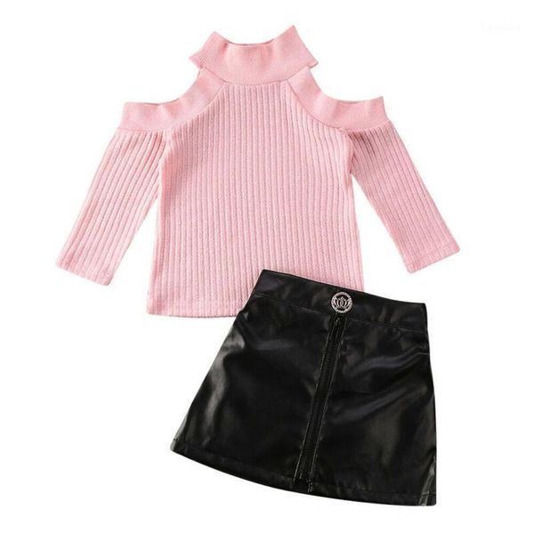 

baby spring autumn clothes 2pcs toddler kids babies girls long sleeve cutout turtleneck kniting pu mini skirt outfits1, White