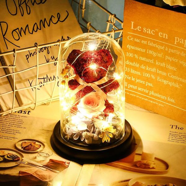 

decorative flowers & wreaths wedding home indoor decoration eternal bear rose in glass dome with led galaxy lamp bedroom decor night light
