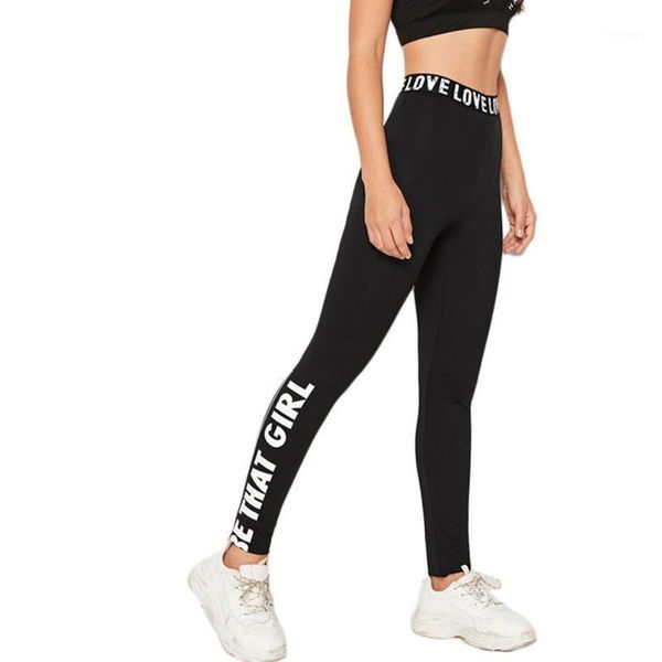 

black slogan print leggings for women elastic waist leisure yoga pants1, White;red