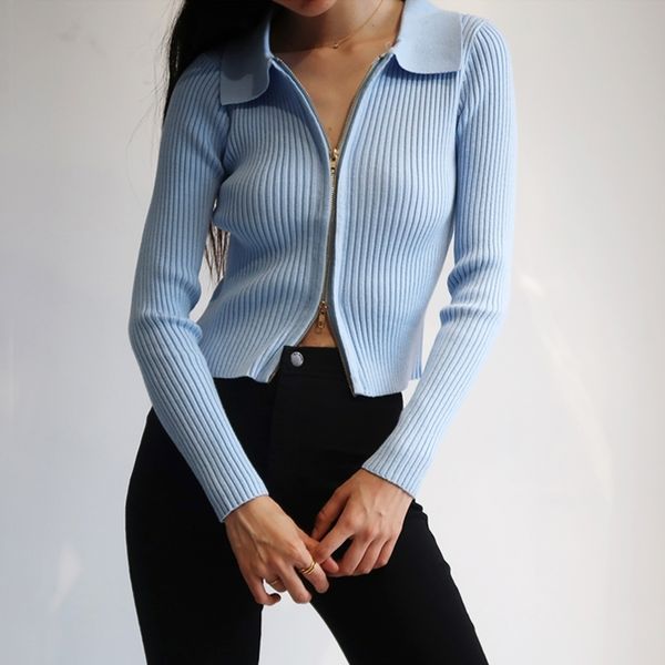 

women dual zipper ribbed sweater shirt cropped knit cardigans 210204, White;black
