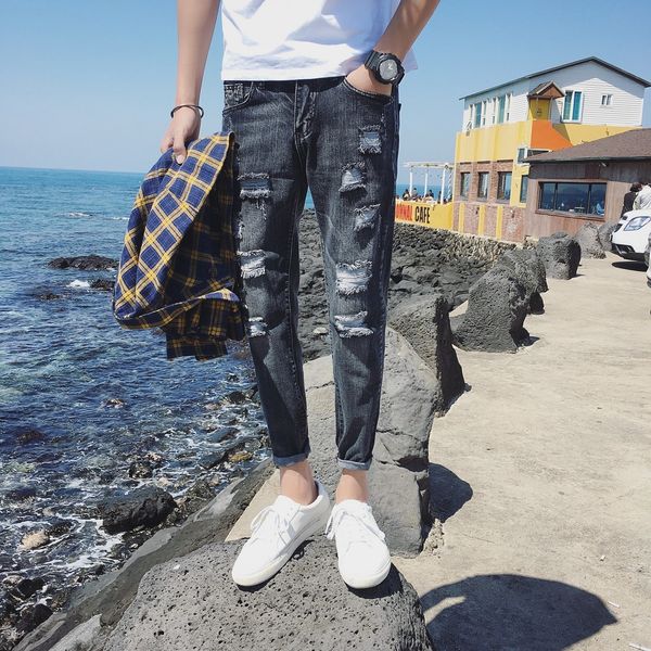 

mmaxj summer jeans korean version slim fit capris leg small and trend youth casual jeansjeans men's pants casual jeansperforated men&#0, Blue