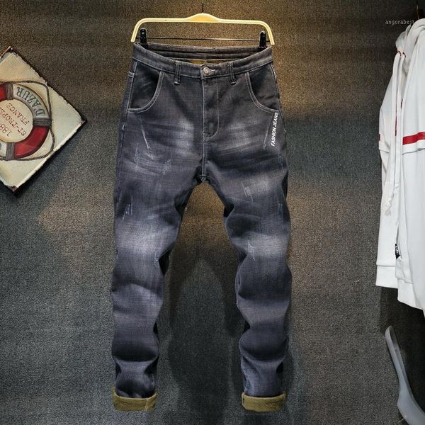 

winter men's jeans new men 2020 warm slim fitting high-quality trend straight tube flocking trousers jeans1, Blue