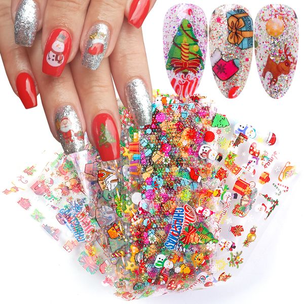 

diy 10pcs christmas transfer decorations on nails nail foil sticker snowman elk adhesive wraps for new year manicure tips nf1036