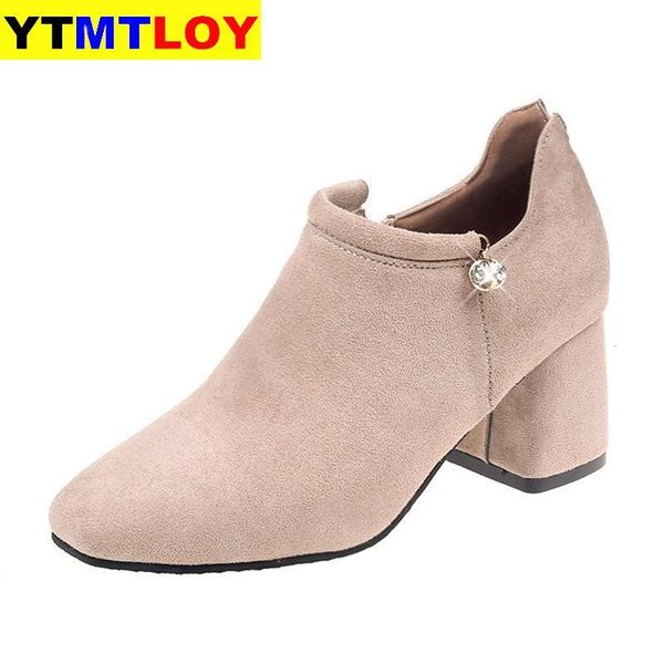 

2020 ankle boots for women fashion crystal casual shoes female flock mid square heels footwear ladies elegant zipper, Black
