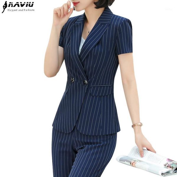 

new business striped pant suit fashion formal slim short sleeve blazer and trousers two piece set summer clothes for women1, White
