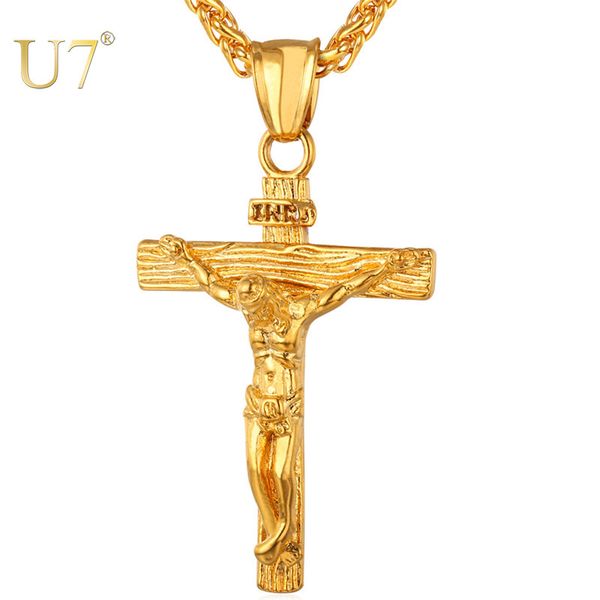 

u7 men inri crucifix jesus piece stainless steel pendant necklace catholic religious cross gold hip-hop jewelry father gift p624 201014, Silver