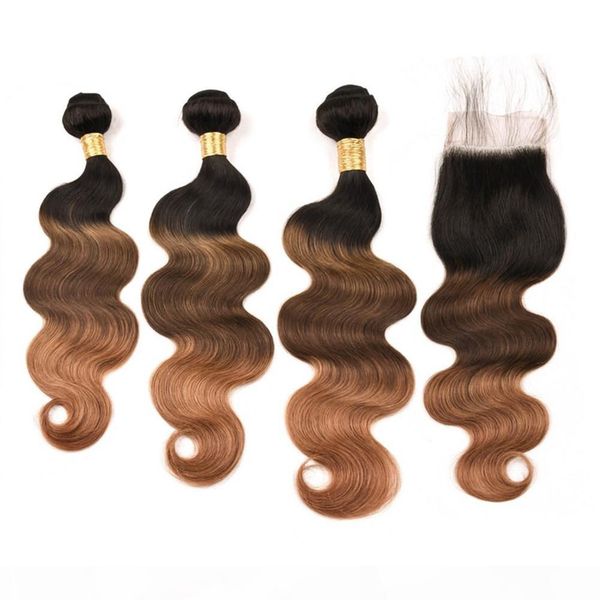 

indian human hair #1b 4 30 ombre body wave 3bundles with closure black brown to auburn 3tone ombre hair with 4x4 lace closure