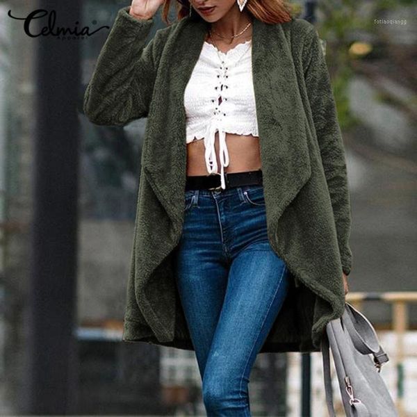 

women's autumn winter faux fur coat celmia casual warm soft faux fur jcaktes plush jackets overcoat plus size teddy coats femme1, Black
