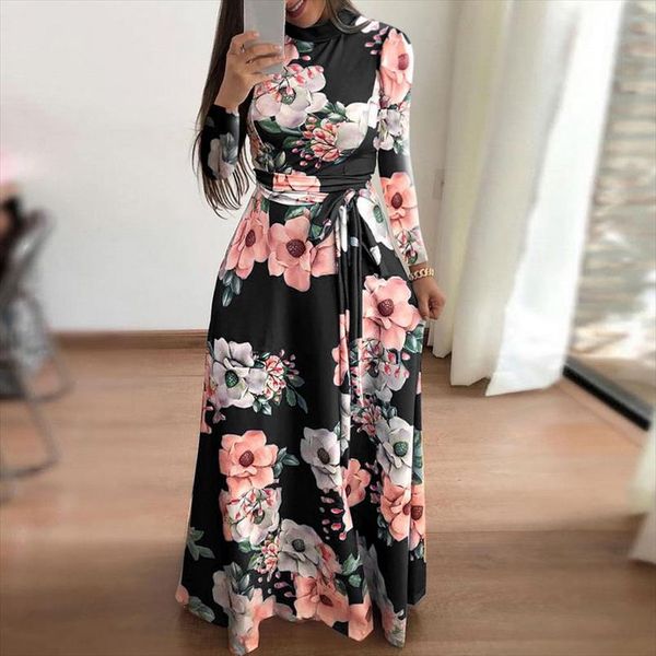 

women autumn dress 2019 casual long sleeve long dress boho floral print maxi turtleneck bandage vestidos, Black;gray