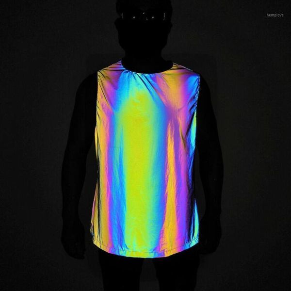 

men summer colorful reflective sleeveless shirt hip hop tank man street style night reflect light vest1, White;black