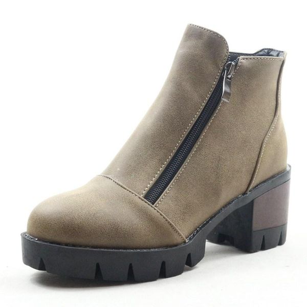 

reave cat plus size 34-43 spring autumn pu leather short plush square heel platforms grey khaki women ankle boots women's shoes, Black