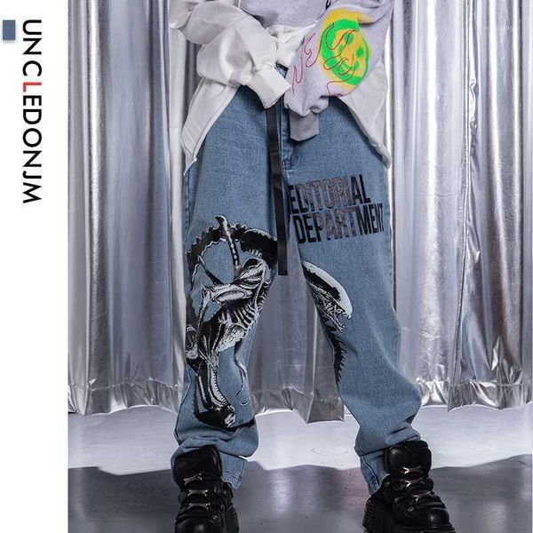 

uncledonjm skateboard trousers moto&biker denim jeans printing men denim pants hip hop jean loose fit pants harajuku ed9251, Blue