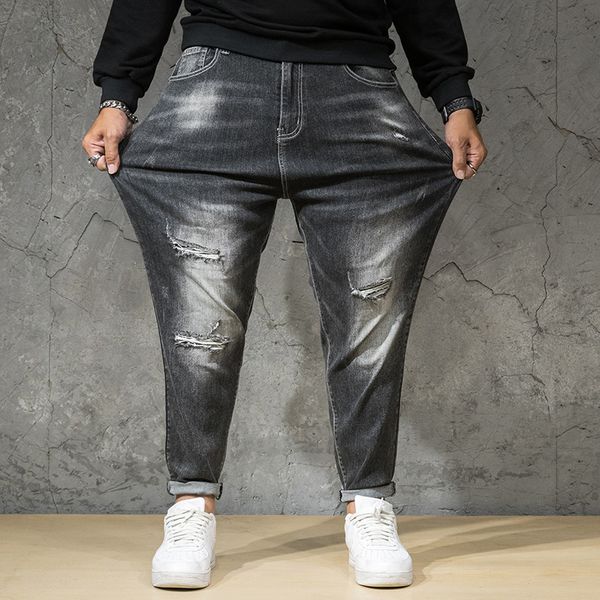 

chubby men's wear large size hole patch jeans loose elastic add fat straight autumn winter long pants, Blue
