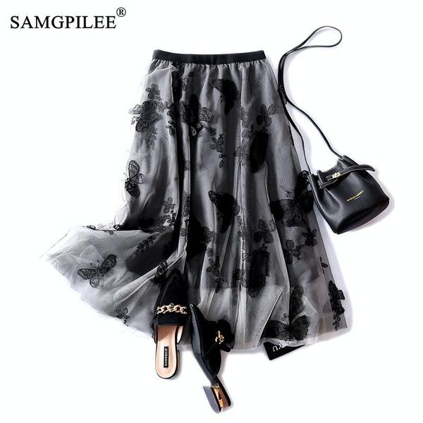 

skirts women fashion 2021 autumn casual print a-line embroidery korean style knee-length empire plus size women high waist skirt, Black