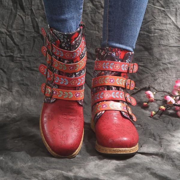 

vintage red boots large printed european and american style leather boots female autumn winter ladies mujer#d31, Black