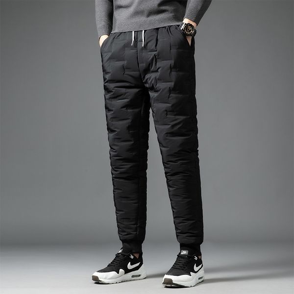 

men's winter casual lace-up elastic down wadded trousers youth wear fashion thin foot warm-keeping down cotton pants 201118, Black