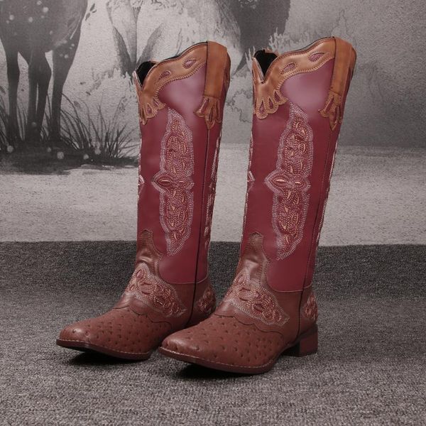 

knee-high boots female embroider round toe square low heels woman shoes sewing western casual winter women botas mujer new 2020, Black