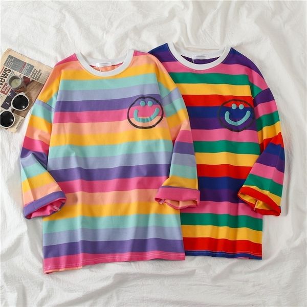 

long sleeve o-neck t-shirt women rainbow striped new t-shirt female korean loose oversize shirt plus size fashion casual tee 201028, White