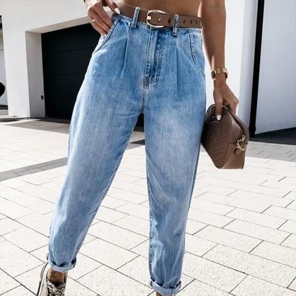 

autumn washed jeans high waist womens pants bleached pockets female harem denim pant 2020 streetwear casual ladies trousers, Blue