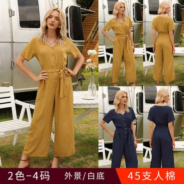 

v-neck 2020 color new waist solid strap short sleeve single breasted jumpsuit for women, Black;gray