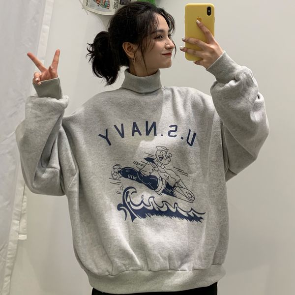 

new women's 2021 blouse loose bf lazy wind plus velvet quilted high neck a8uz, Black