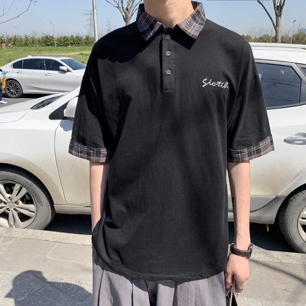 

summer vacation two polo shirt men's plaid splicing half sleeve trend loose casual t-shirt, White;black