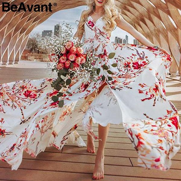 

casual dresses beavant floral print women summer dress 2021 v neck high waist sash long sleeveless split boho vestidos1, Black;gray