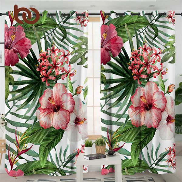 BeddingOutlet Flowers Sala de estar Cortinas Folhas Vermelho Verde Branco Cortina para Quarto Tropical Plantas Janela Tratamento Dreapes LJ201224