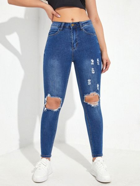 

ripped detail skinny jeans q6co#, Blue