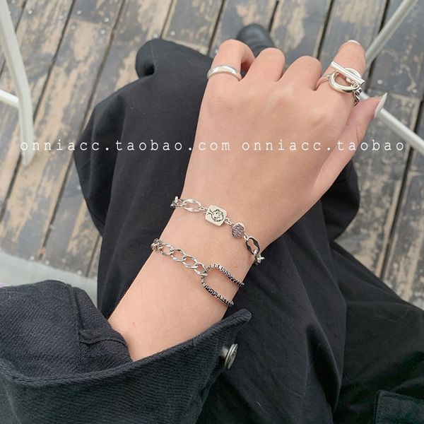 

um8ww korean east gate 925 round personality women's chain pure silver old ins cool bracelet bracelet brand xhdng, Golden;silver