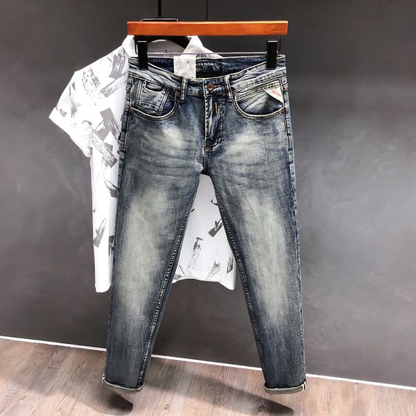 

2021 new italian style fashion retro washed elastic slim men nostalgic denim long pants streetwear vintage designer jeans 2td0, Blue