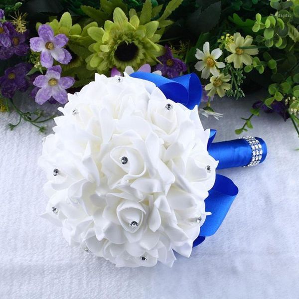 

decorative flowers & wreaths crystal rose pearl bridesmaid wedding bouquet bridal artificial silk flower blue#301