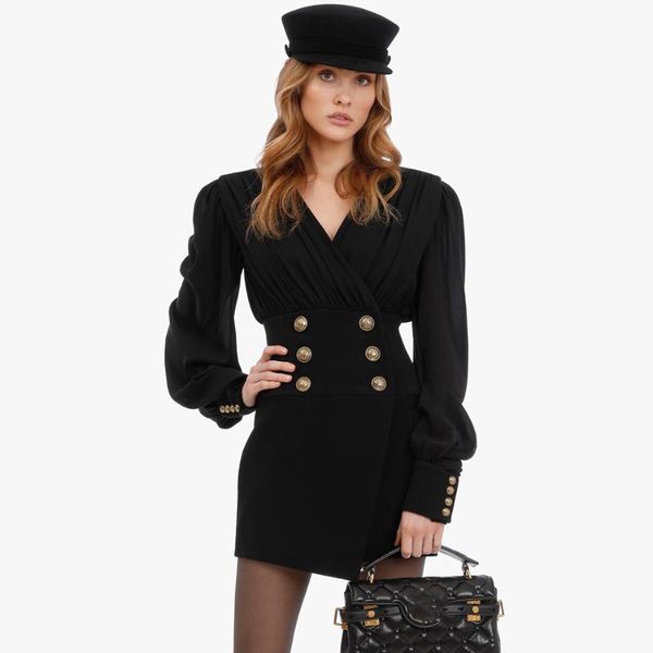 

2020 new fashion women's black sense v-neck lantern sleeve button design mini dress celebrity party club bandage dress, Black;gray