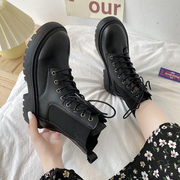 

brand women's shoes lace up boots booties ladies round toe boots-women flat heel fashion ankle rock rubber med 2020 cross-tied, Black