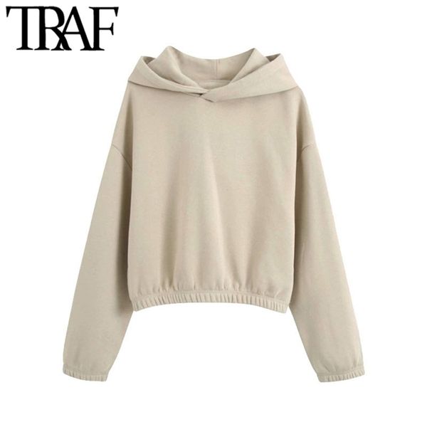 

traf women fashion with elastic trims cropped hoodies sweatshirts vintage long sleeve fleece female pullovers chic 201209, Black