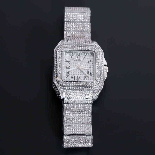 

hip hop iced out men watch square diamond quartz luxury mens wrist watches gold roman calendar steel clock relogio masculino 220105, Slivery;brown