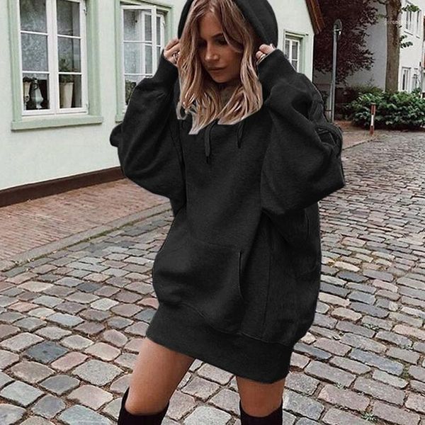 

women hoodie sweatshirts dress autumn long sleeve casual solid loose pullover pockets winter hooded vestidos11, Black