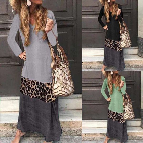 

selling v-neck leopard contrast 9911# long sleeve dress casual romper dress, White